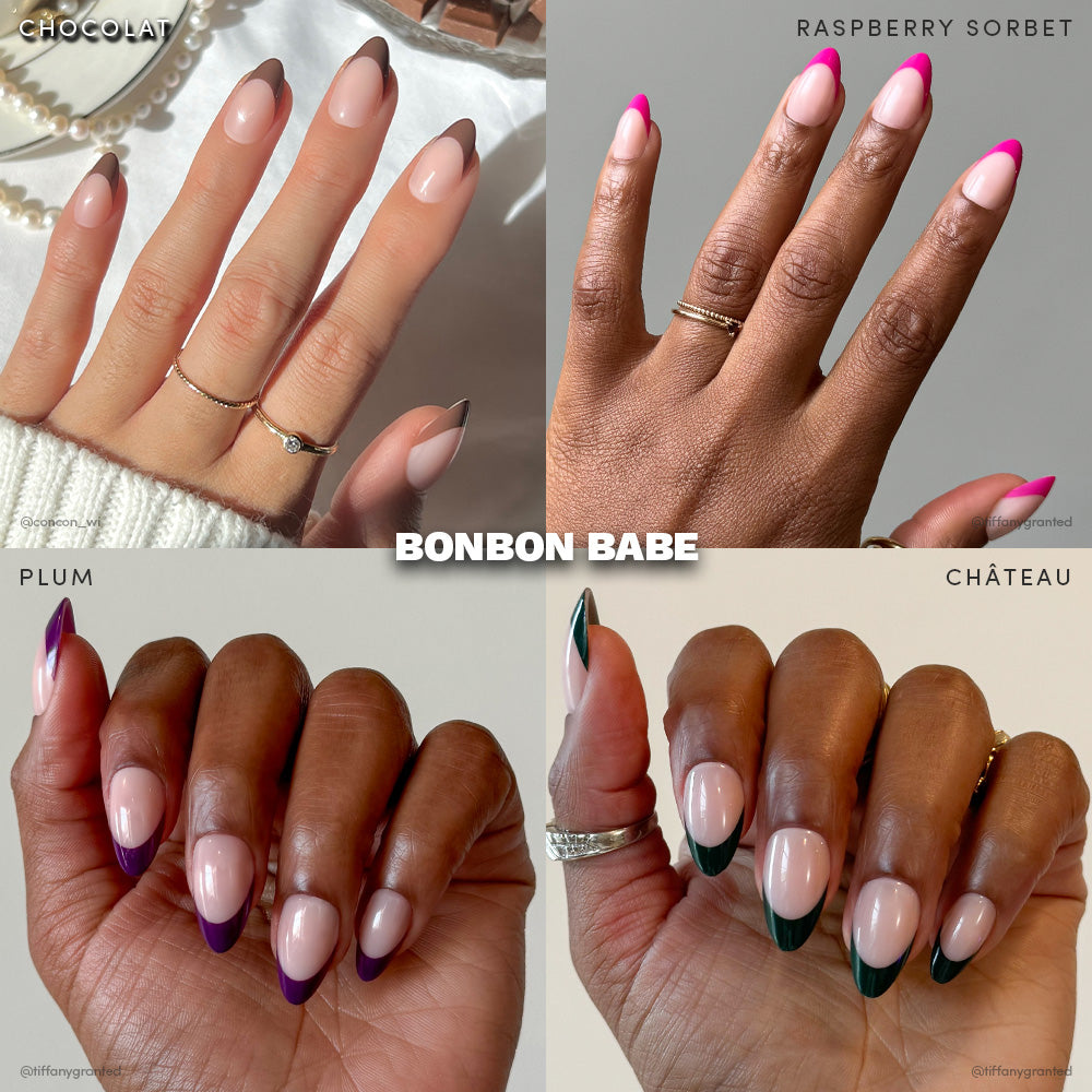 A collage of four hands with almond-shaped French tips in brown (Chocolat), pink (Raspberry Sorbet), purple (Plum), and green (Château) from glamnetic’s Bonbon Babe. Vegan &amp; cruelty-free. “Bonbon Babe” text appears in the center.