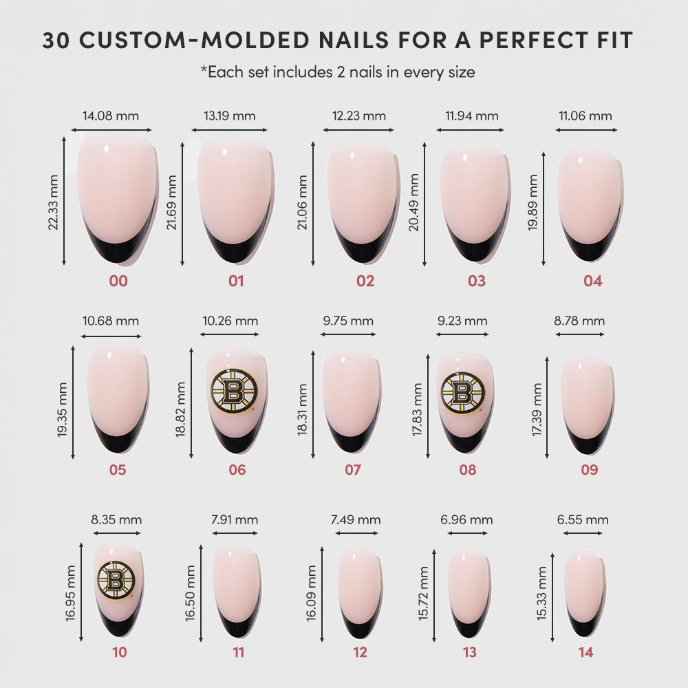 The glamnetic Boston Bruins Press-On Nail Set features 15 custom-molded nails, each sized 00–14 and measured in millimeters for height and width. The set includes fandom French tips plus two nails with the official Bruins logo. - Product image
