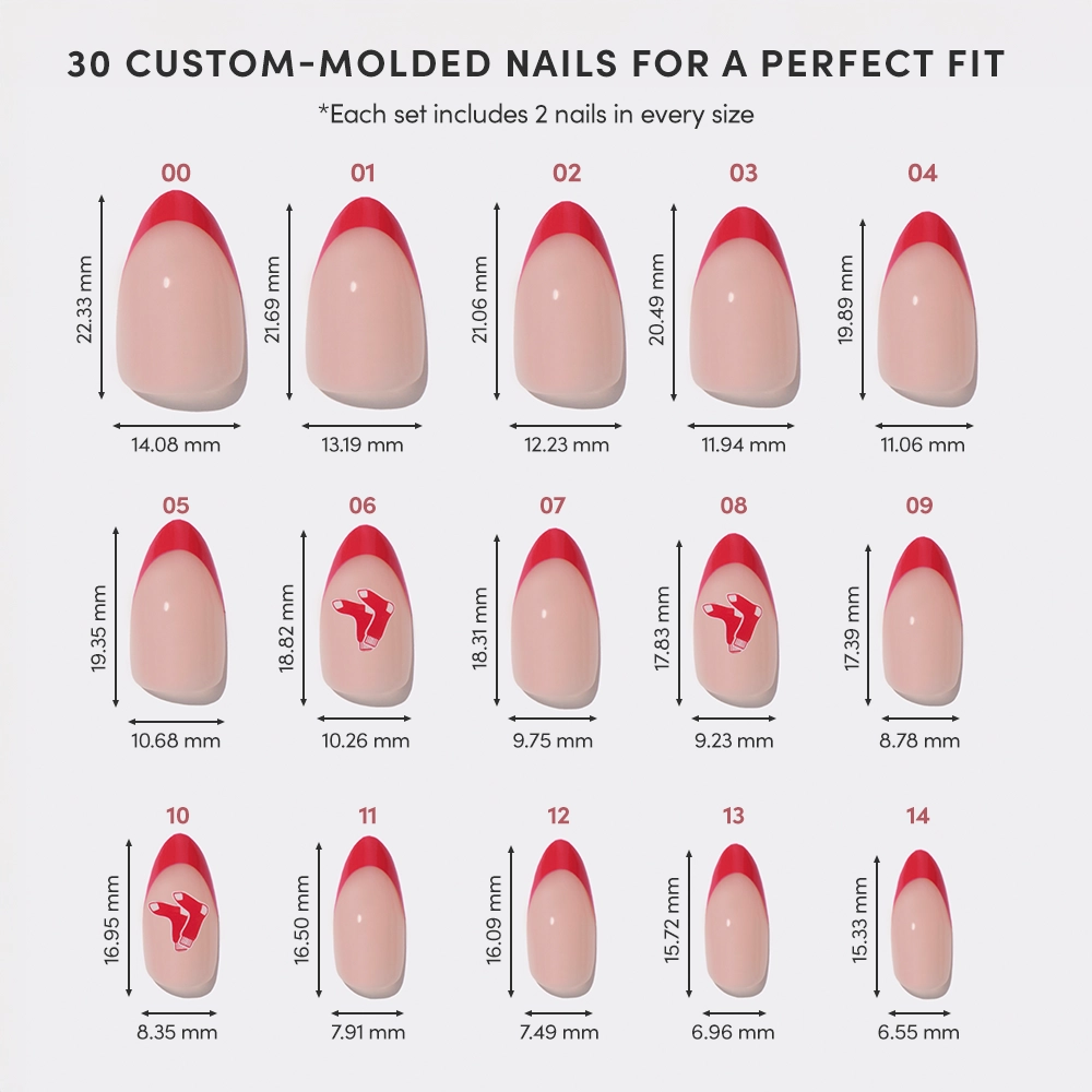 A chart displays the glamnetic Boston Red Sox Press-On Nail Set—15 custom-molded pink nails with bold red tips, each numbered 00–14, in various sizes, with width and length measurements shown. - Product image