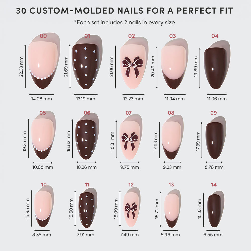 A Bow Season chart showing fifteen sizes of almond-shaped press-on nails, ranging from chocolate brown to light pink with white dots or bows, each labeled with dimensions in millimeters for a perfect fit. - Product image