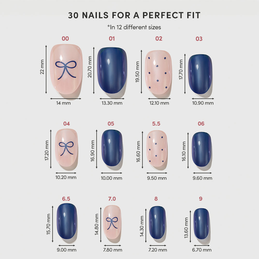 Bows & Bits - A chart showing the Bows & Bits glamnetic short round press-on nail sizes 00 through 9, including their height and width measurements in millimeters.