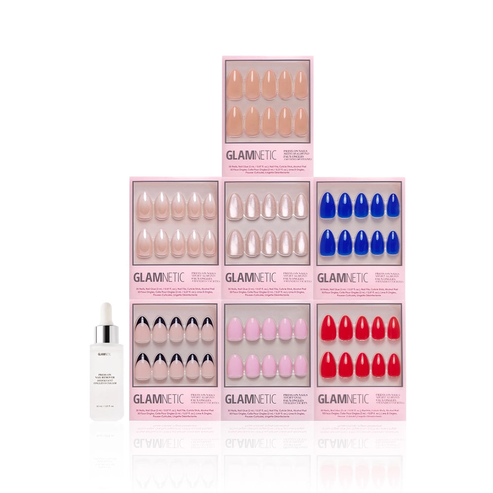 Glamnetic nail product set with nail shapes and a press-on nail remover bottle on a white background - Product image