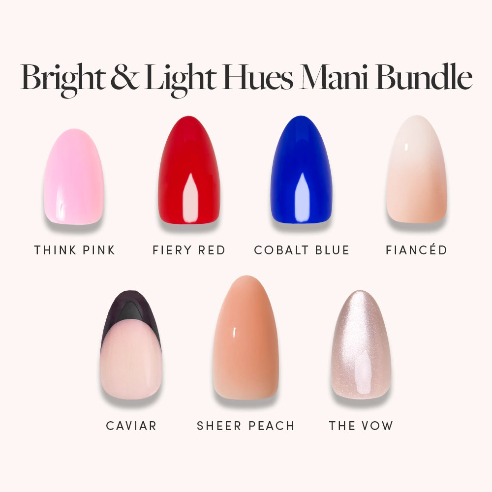 Nail polish color swatches labeled &#39;Think Pink&#39;, &#39;Fiery Red&#39;, &#39;Cobalt Blue&#39;, &#39;Fiancéd&#39;, &#39;Caviar&#39;, &#39;Sheer Peach&#39;, and &#39;The Vow&#39; on a white background.