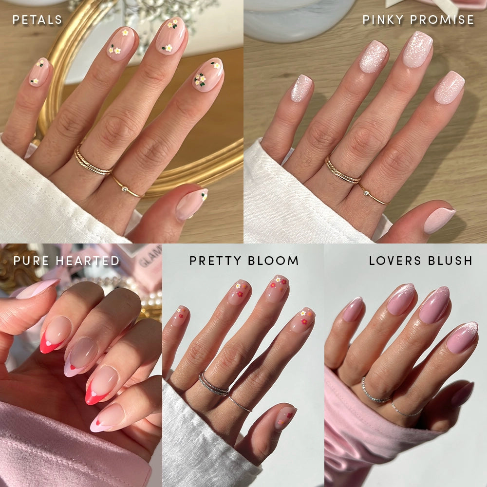A collage of six manicured hands displays glamnetic's Budding Romance press-on nails with floral, pink, blush, and heart designs—perfect for fans of creative short nail sets.