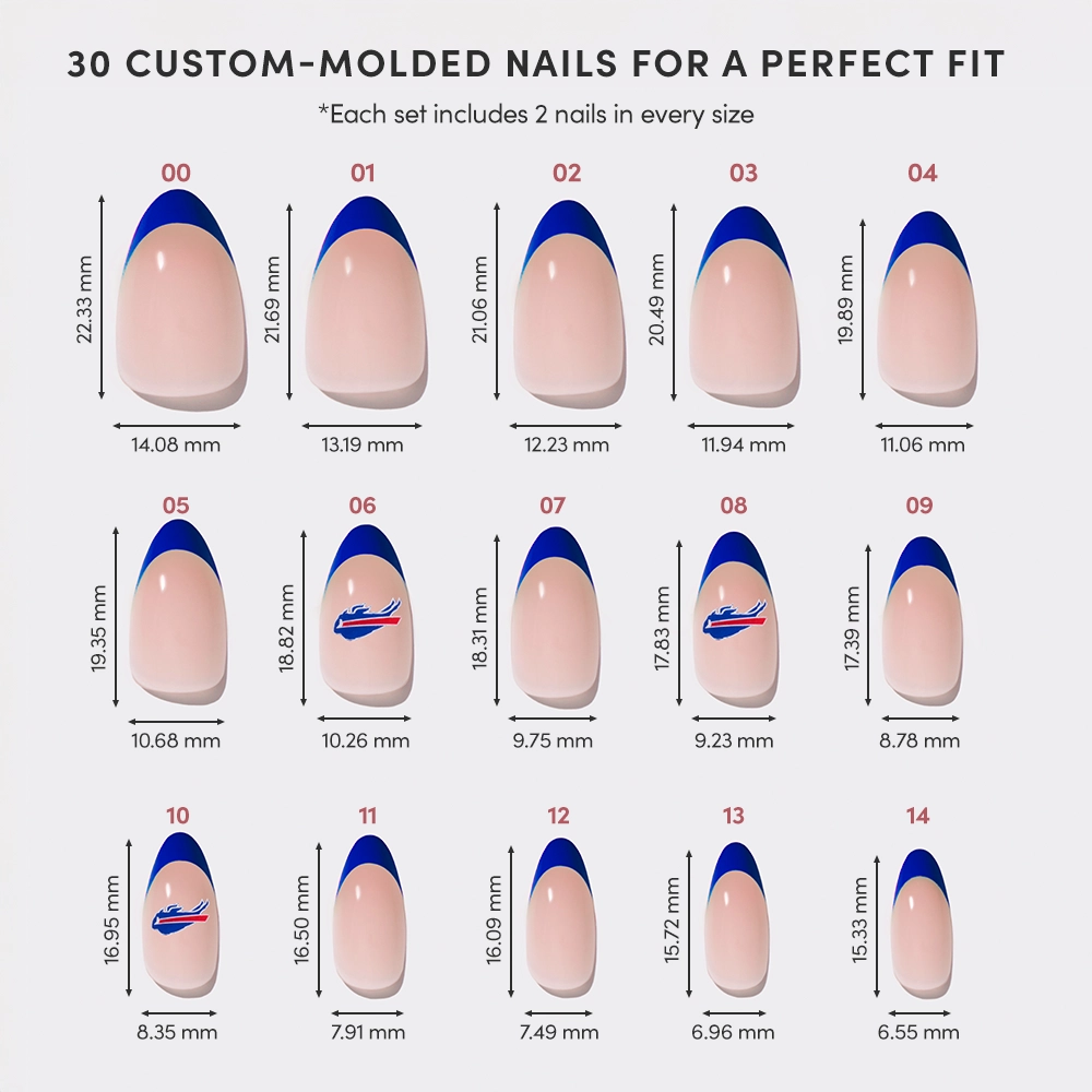 Image showing 15 sizes of Buffalo Bills Press-On Nails by glamnetic, labeled 00–14 with measurements in millimeters. Features blue-tipped and plain options for a custom fit—perfect for fans to create their own Bills nail set. - Product image
