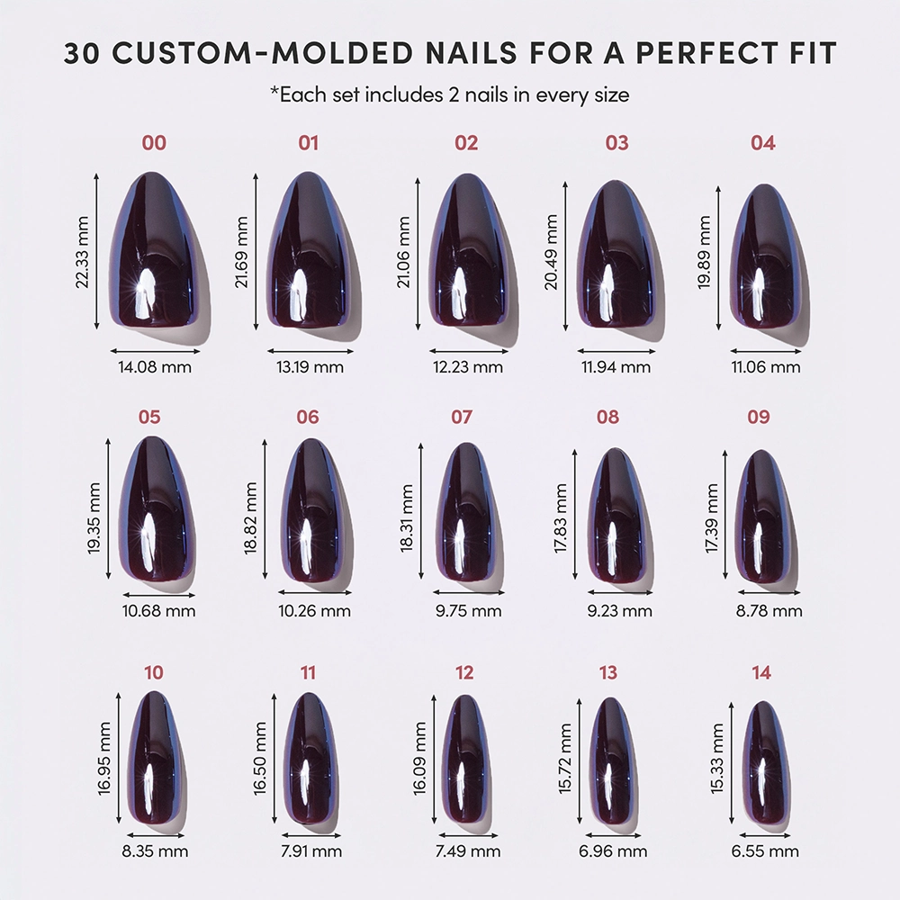 A chart displays 15 sizes of glamnetic Burgundy Chrome nails in a dark glossy finish, each labeled with size, length, and width (mm)—30 reusable press-on nails per set for a perfect custom fit. - Product image