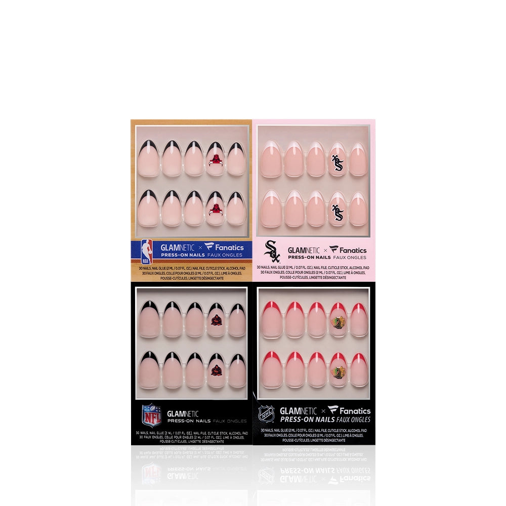 Four sets of glamnetic’s Chicago All-Stars press-on nails, each with unique sports team logos on a light pink base, are arranged in a two-by-two grid for an eye-catching display.
