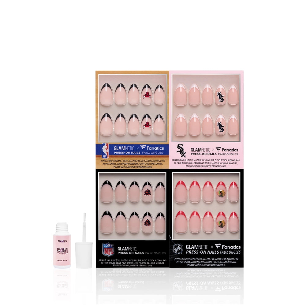 Four officially licensed Glamnetic Chicago All-Stars nail sets, featuring Chicago sports team designs and logos, are displayed in packaging with a small bottle of nail glue and applicator in front. - Product image