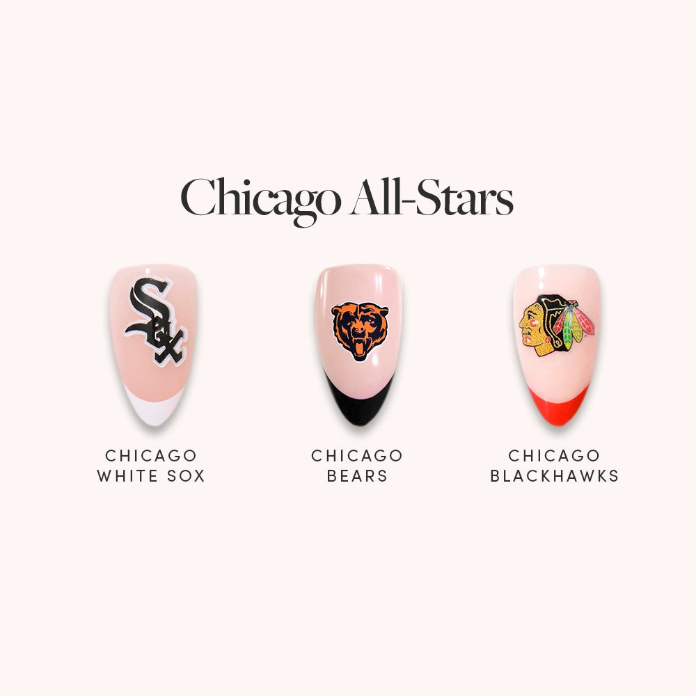 Three glamnetic artificial nails feature Chicago sports teams: White Sox on a white tip, Bears on black, and Blackhawks on red. "Chicago All-Stars" is written above. - Product image