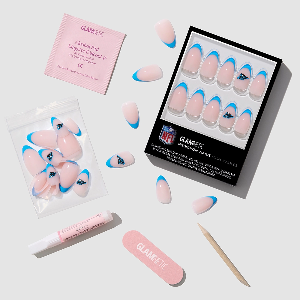 The glamnetic Carolina Panthers Press-On Nail Set includes blue-tipped press-on nails, nail glue, a cuticle stick, nail file, alcohol pad, and extra nails—everything you need for the perfect fan manicure. - Product image