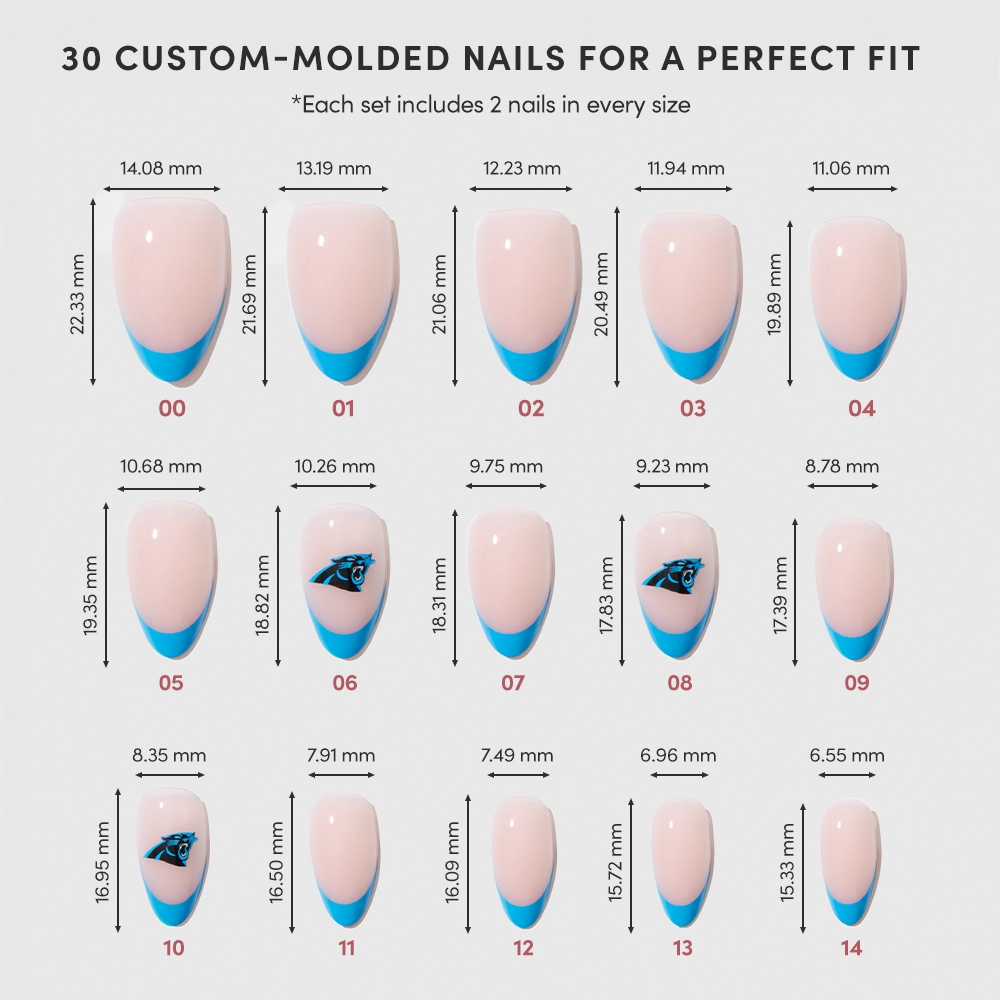 A chart showing the glamnetic Carolina Panthers Press-On Nail Set with 15 custom-molded sizes (00–14), two nails per size, millimeter measurements, and some featuring blue tips—ideal for fans seeking a perfect manicure. - Product image