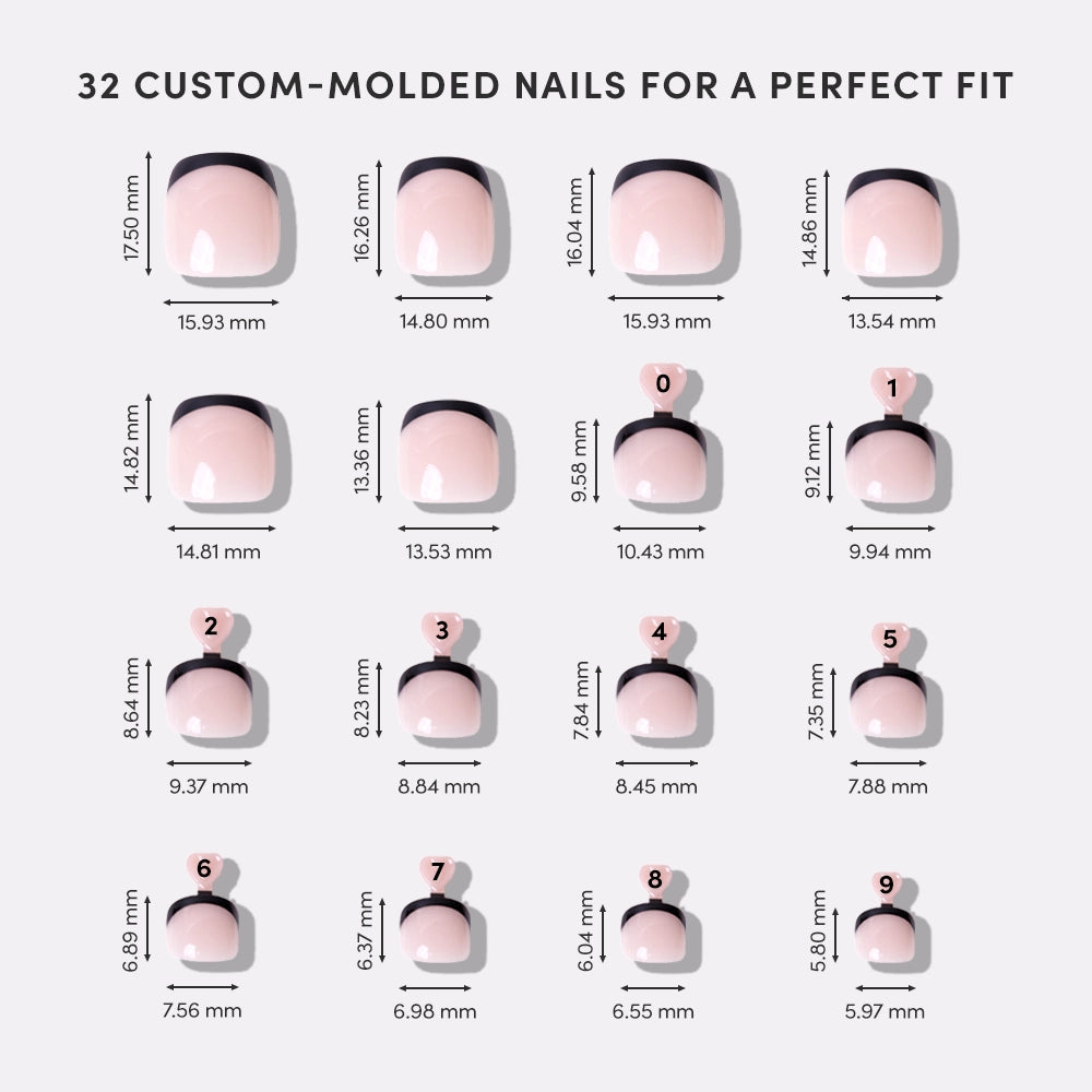 Illustration of 32 custom-molded nails with measurements on a white background - Product image