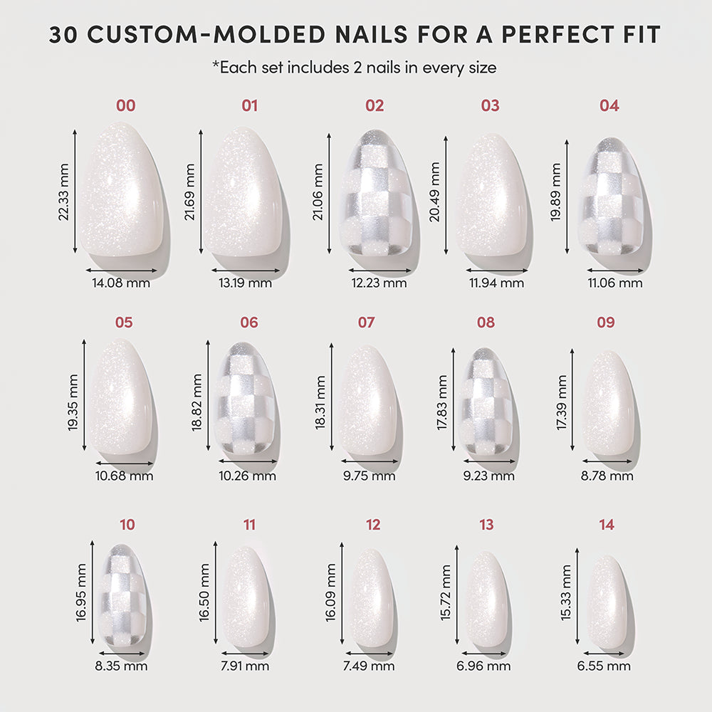 A chart showing 15 sizes of short almond Check-Mated press-on nails by glamnetic, ranging from 00 to 14, with each nail labeled with its specific dimensions in millimeters. - Product image