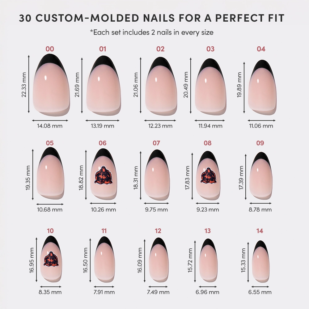 A chart displays 15 custom-molded Chicago Bears Press-On Nails by glamnetic, each size labeled in millimeters. Some nails have black French tips, while a few feature red and black floral designs from the WinCraft Glamnetic collaboration. - Product image