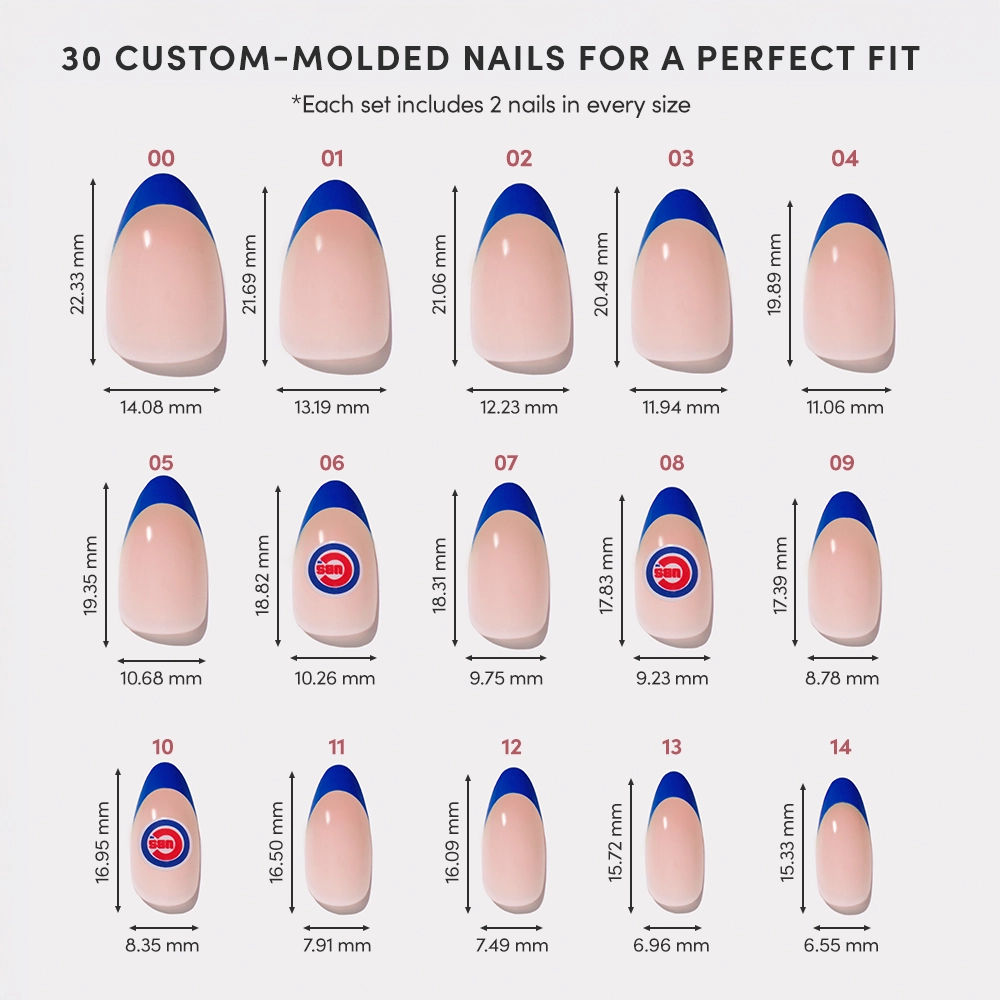 A chart showcases 15 sizes of the glamnetic Chicago Cubs Press-On Nail Set, each labeled with its number and length/width in millimeters. The nails feature blue tips, natural bases, and the official Chicago Cubs design. - Product image