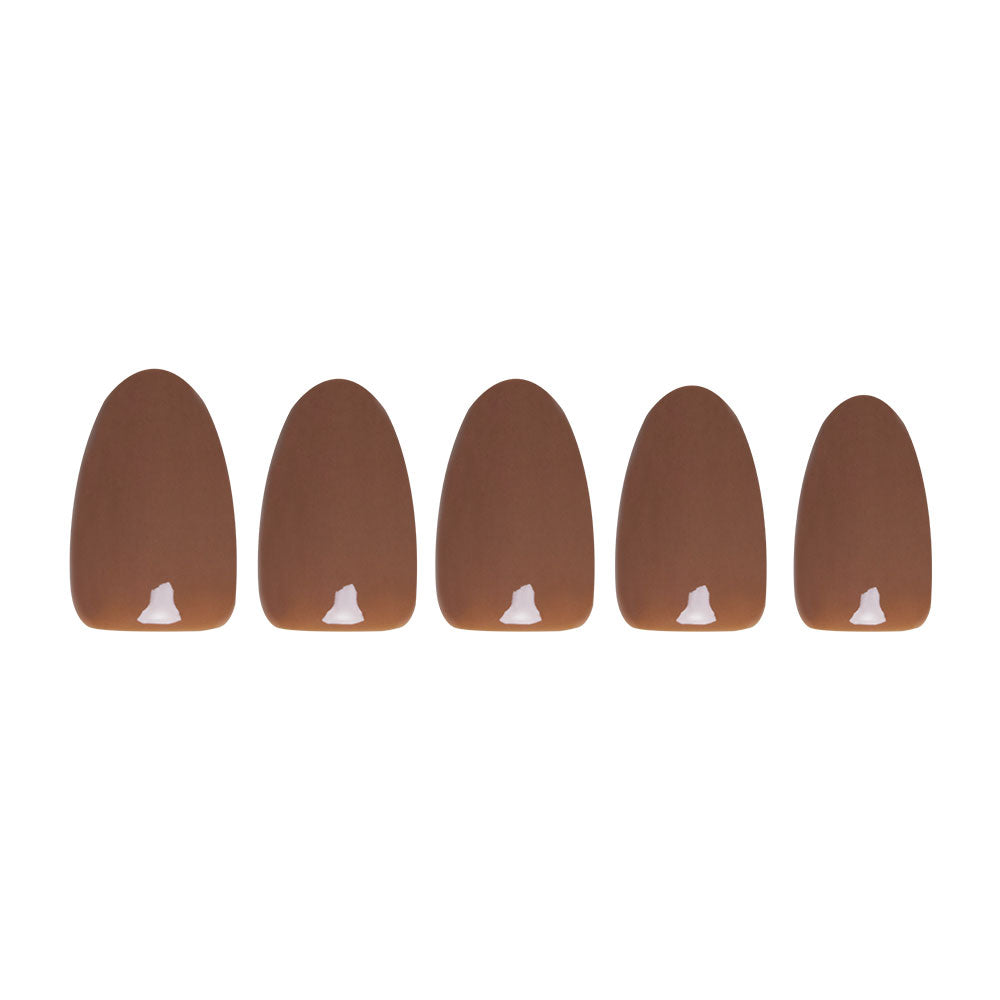 Five glamnetic Chocolate Brown press-on nails are arranged in a row, each with a small white tip at the base, evoking cozy Fall Forest vibes against a clean white background. - Product image