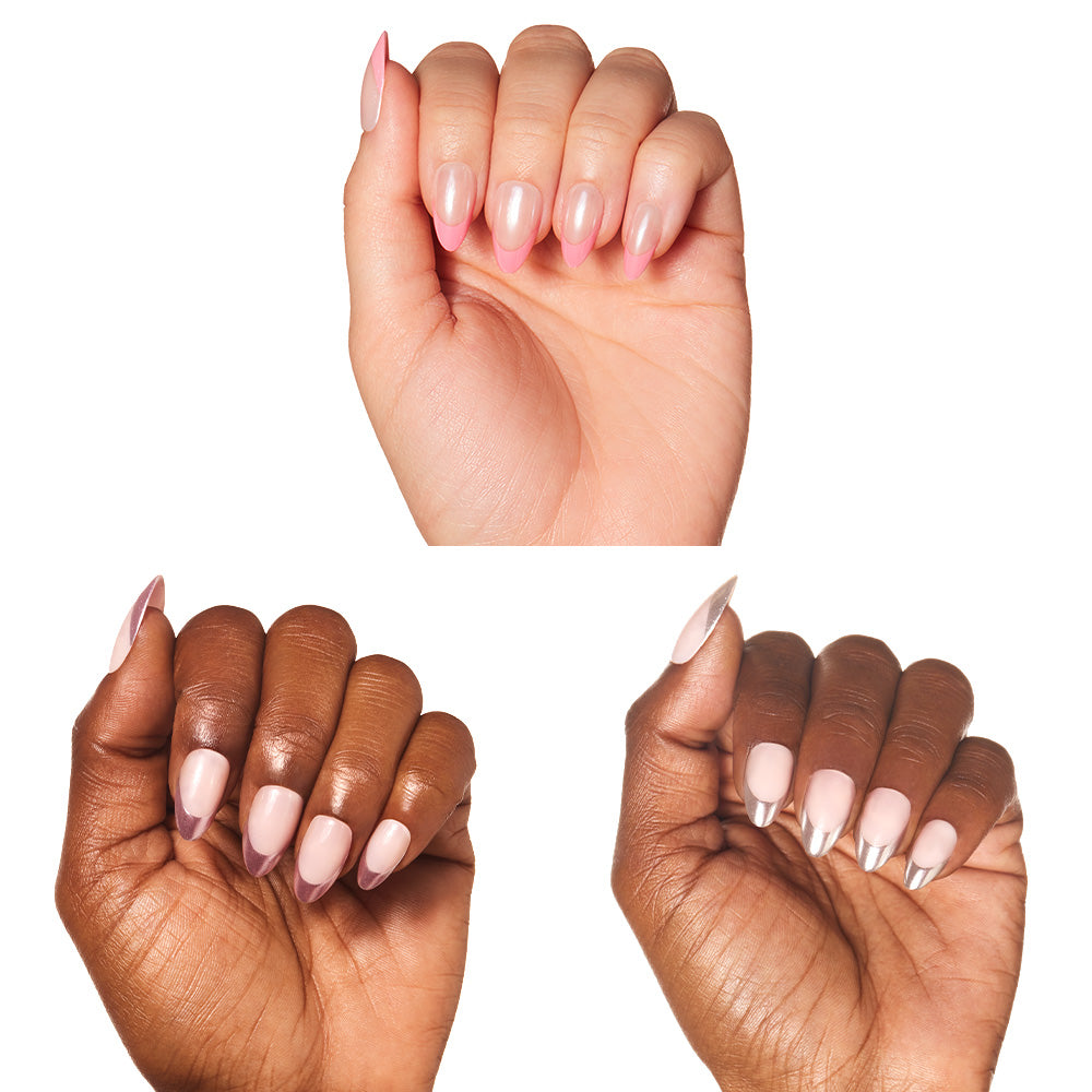 Three hands with chrome-tipped nails, painted in glamnetic’s Chrome Tips shade, are shown against a white background. Each hand has a different skin tone, highlighting the nail color’s versatility. - Product image