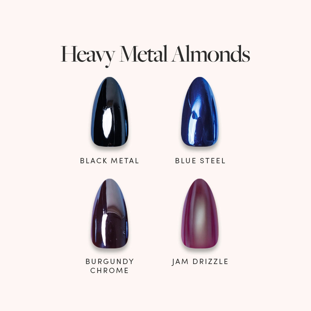 Four almond-shaped nail designs are displayed, labeled as Black Metal (black), Blue Steel (blue), Burgundy Chrome (dark burgundy), and Jam Drizzle (deep mauve). Above the nails, the title reads Heavy Metal Almonds by glamnetic. These striking chrome press-on nails feature a short almond shape for a bold, modern appearance that's easy to wear—perfect for anyone who loves trendy styles from glamnetic.