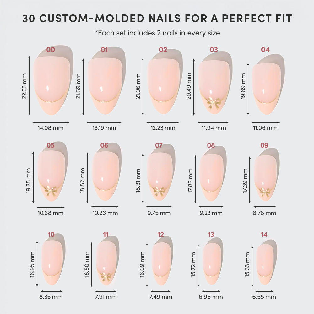 A size chart for Cindy Lou by glamnetic featuring 30 short almond press-on nails labeled 00 to 14, displayed in two columns with height and width measurements for each size. - Product image