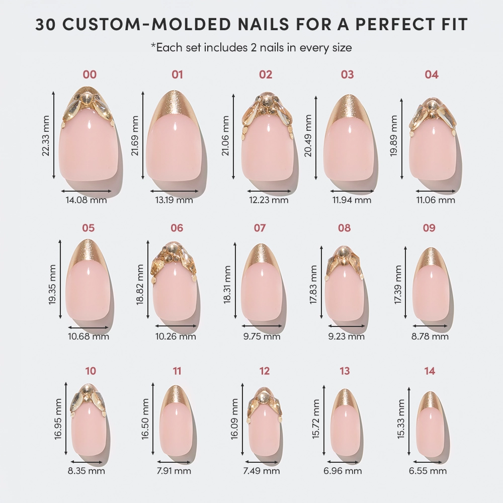 A chart displays 15 sizes of glamnetic Citrine custom-molded press-on nails, each with height and width in millimeters. These short almond nails have a pink base and gold French tips, perfect for a chic look. - Product image