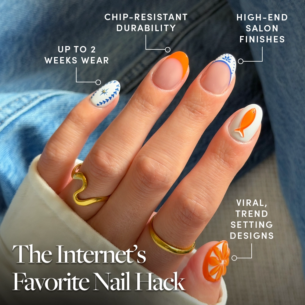 A hand with colorful, trendy nail art in orange, white, and blue from glamnetic’s Citrus Coast set. Text highlights up to 2 weeks wear, chip-resistant durability, salon-quality manicure, and viral looks. Title: The Internet’s Favorite Nail Hack. - Product image