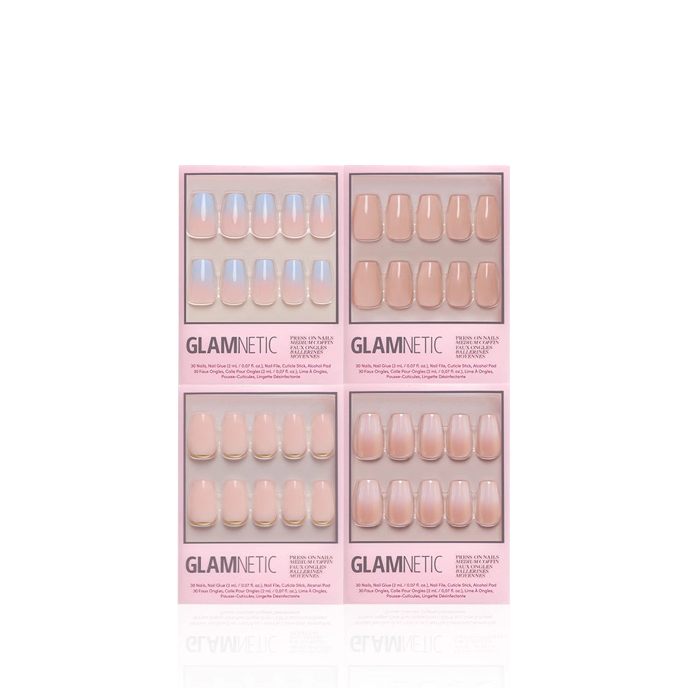 Four boxes of glamnetic Classic Coffin salon-quality press-on nails in assorted nude and light pink shades are arranged in a square on a white background. Each box displays ten medium-sized coffin press-on nails in various sizes. - Product image