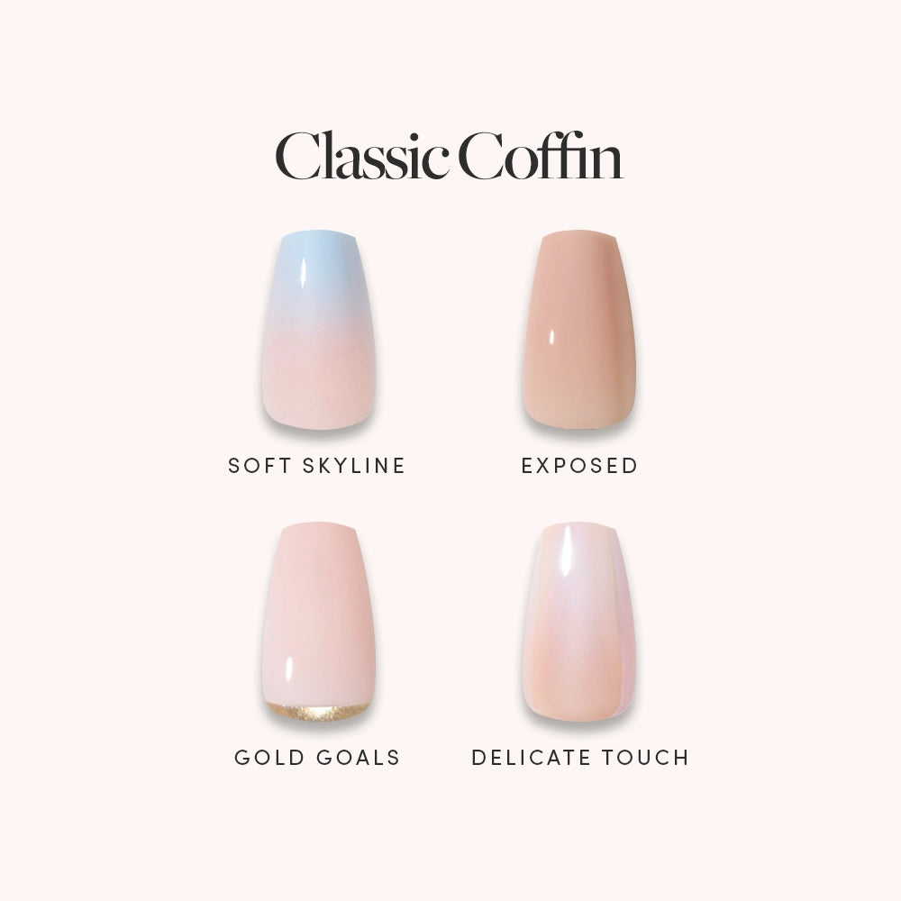 Introducing Classic Coffin by glamnetic: a set of four medium, coffin-shaped press-on nails in distinct natural shades—Soft Skyline (a soft blue fade), Exposed (solid nude), Gold Goals (nude with gold accents), and Delicate Touch (glossy sheer pink). These salon-quality, long-lasting artificial nails provide flawless tips every time. - Product image
