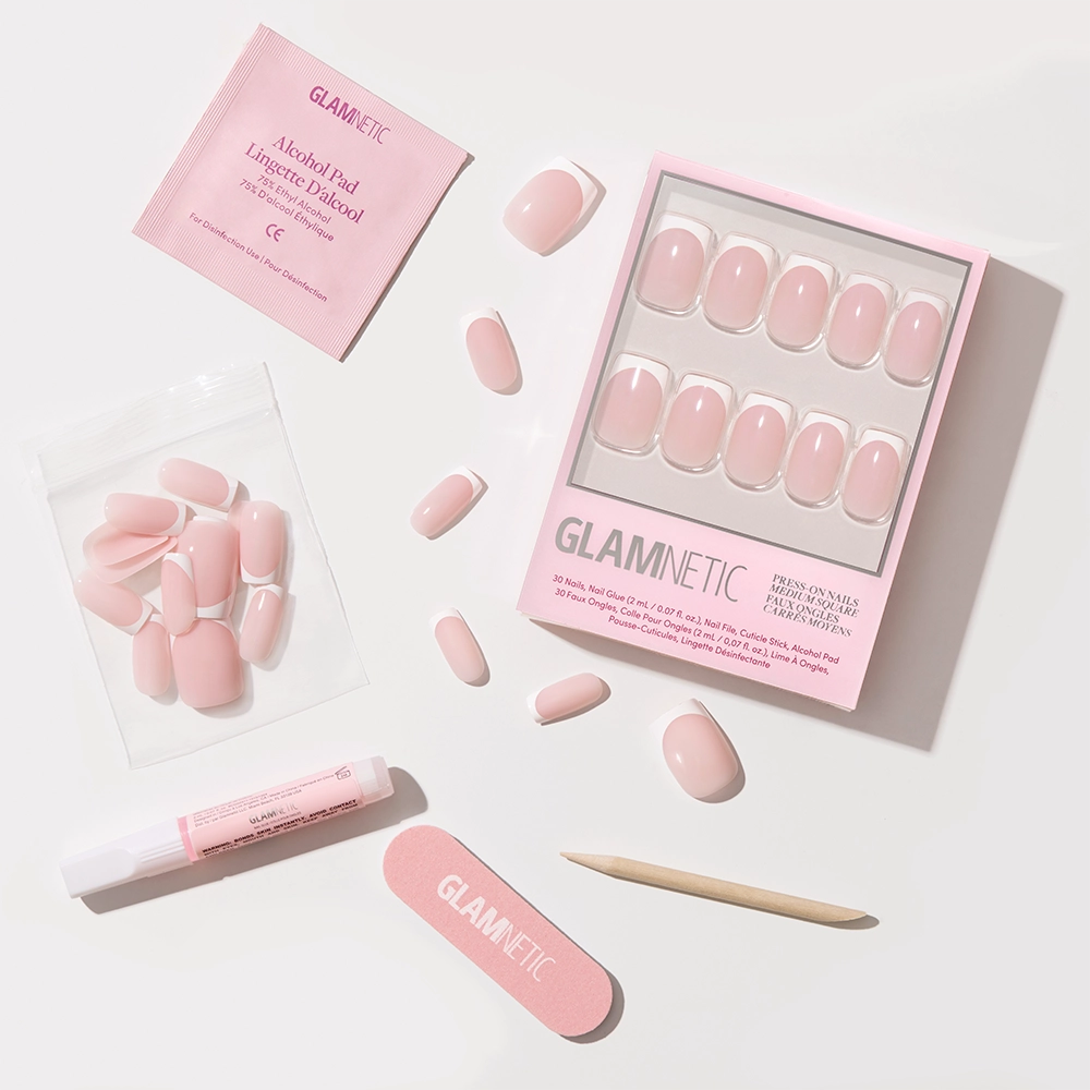 Classy French by glamnetic: pink press-on nails with chic French tips, plus alcohol pad, nail glue, cuticle stick, nail file, and extra nails—everything for a trendy mani with a modern touch. - Product image