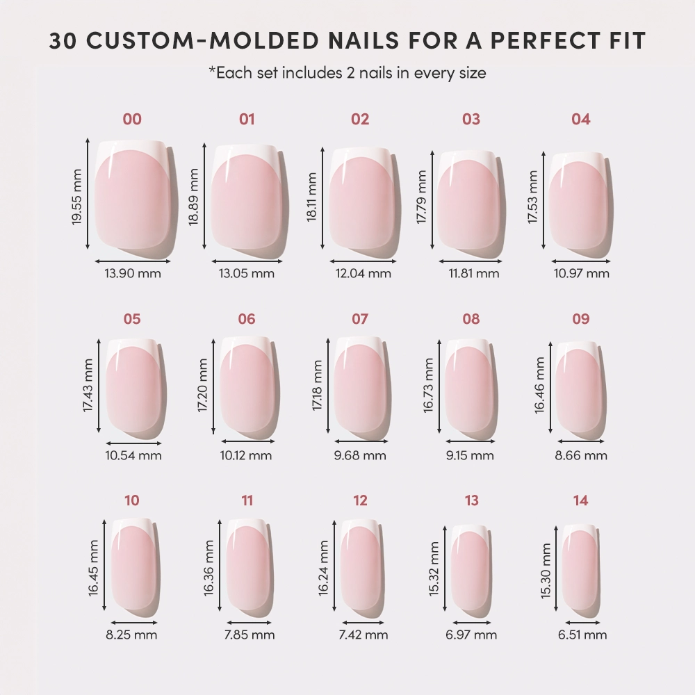 Chart featuring 14 sizes of glamnetic’s Classy French custom-molded artificial nails, each labeled with width and height (mm) in two rows on a light background. Get 30 trendy French tips per set for a flawless, modern mani fit. - Product image