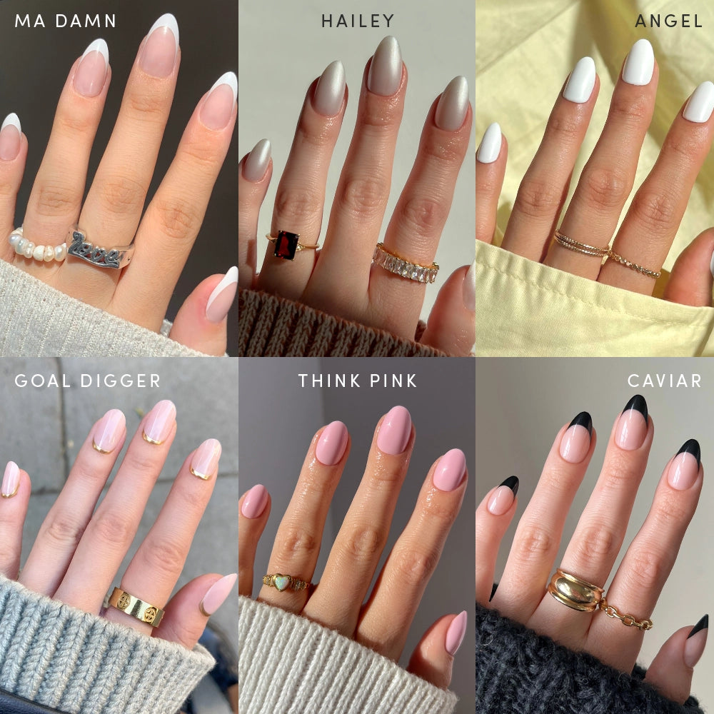 A collage of six manicured hands highlights unique nail styles, rings, and the Clean Girl Aesthetic by glamnetic. Featuring UV gel top coat shine and French tip press-on nails, each hand displays varied colors, patterns, and ring designs.