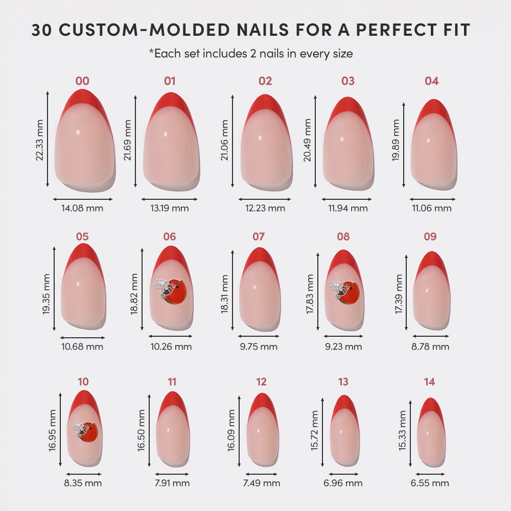 A chart displays 15 sizes of glamnetic’s Cleveland Browns Press-On Nail Set, each numbered 00–14 with millimeter measurements. These custom-molded nails have pink bases, red French tips, and some include small accents—perfect for game day. - Product image