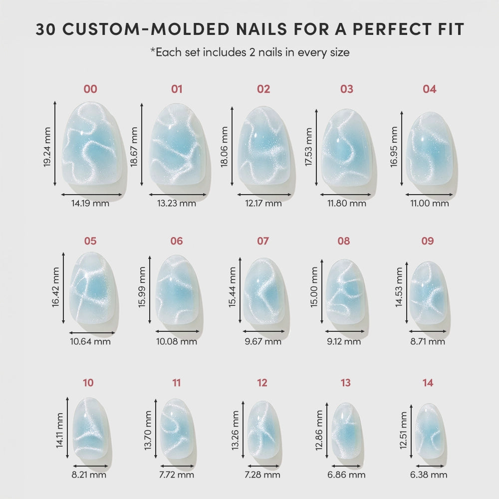 A chart displays 15 sizes of glamnetic Cloud Dance custom-molded blue press-on nails featuring white designs, each marked with length and width measurements in millimeters, for a complete set of 30 nails. - Product image