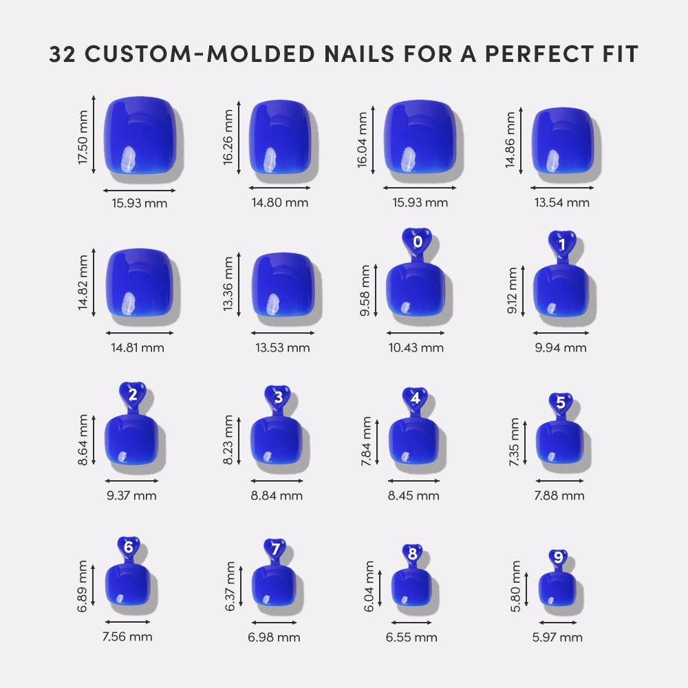 Illustration of 32 custom-molded nails with measurements on a white background - Product image