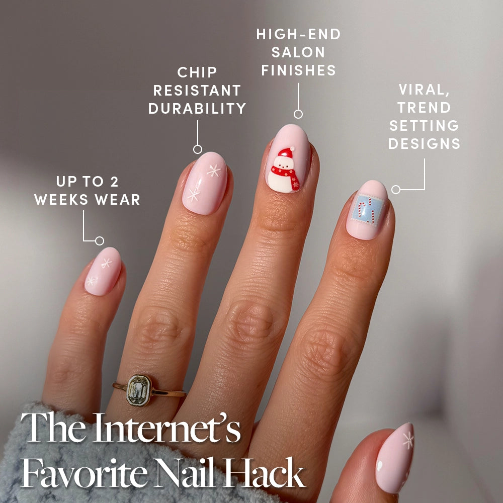 Four manicured nails featuring pink polish and festive holiday-themed designs, showcasing benefits like durability, long wear, high-end finish, and trendy styles. The Cocoa & Kisses Short Oval Nails Holiday Set from glamnetic is the Internet’s Favorite Nail Hack. - Product image