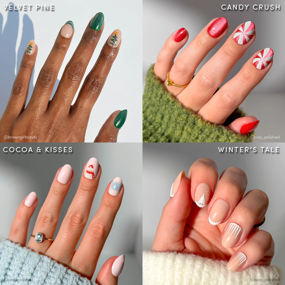 A collage of four hands with festive winter manis using glamnetic’s Cozied Up Ovals: green Velvet Pine with trees, red Candy Crush with peppermint, nude Cocoa & Kisses with mugs and Santa hats, and nude Winter’s Tale with snowy accents.