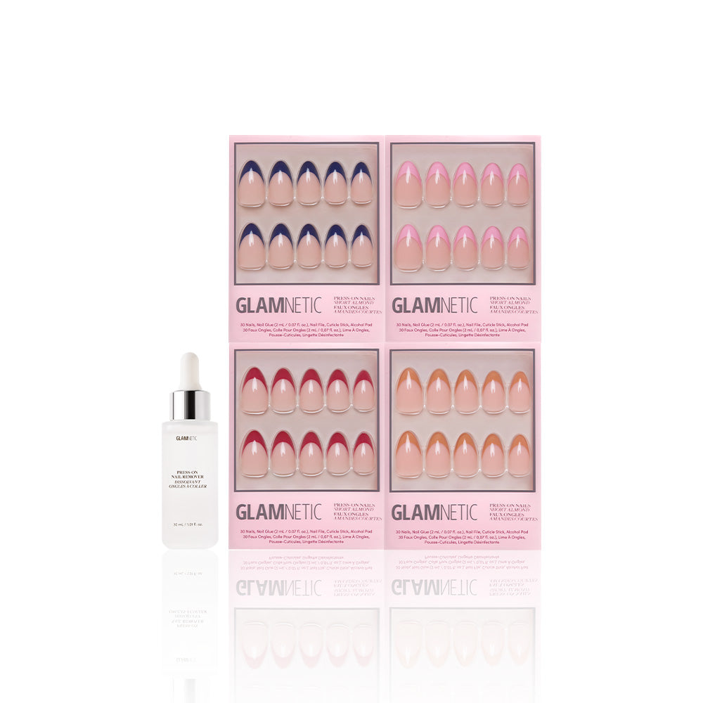 Four pink glamnetic Crème de la Chic press-on nail sets—including French Tip and Short Almond styles—are arranged in a square on a white background, with a vegan, cruelty-free nail care serum dropper bottle to their left. - Product image