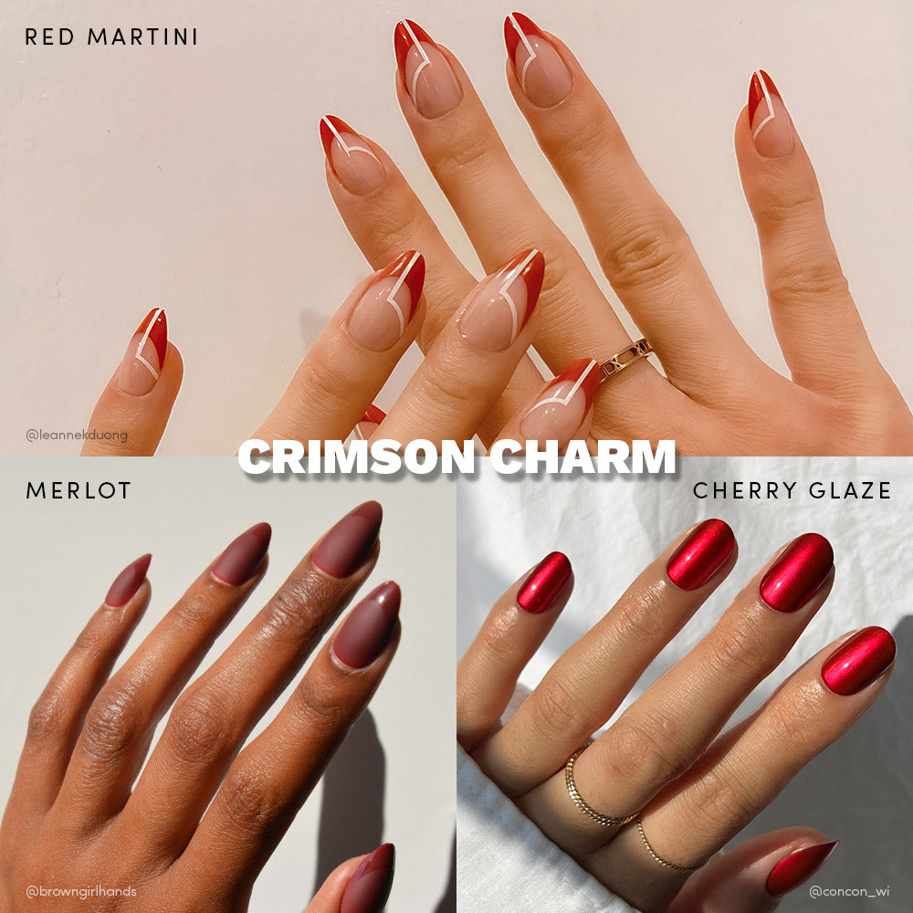 A collage features three crimson nail styles from glamnetic’s Crimson Charm collection: Red Martini Merlot geometric tips, Cherry Glaze glossy nails, and matte merlot Press On Nails. “CRIMSON CHARM” appears in the center, with hands adorned in minimal jewelry.