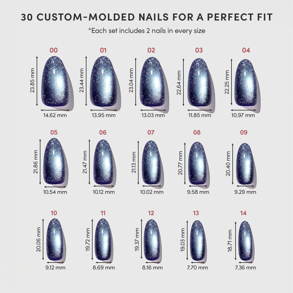A sizing chart for Crystal Cantation by glamnetic showcases 30 custom-molded press-on nails with a blue glitter gradient and luxe velvet finish. The image features 15 sizes (00–14), each labeled with precise height and width measurements in millimeters. Every set includes two nails of each size—ideal for perfect medium oval nails every application. - Product image