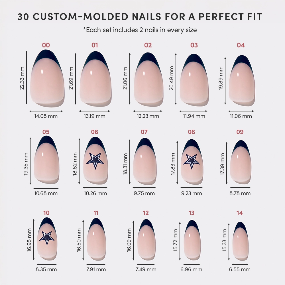 A chart displays 15 custom-sized glamnetic Dallas Cowboys Press-On Nails, each labeled with number, width, and length (mm). Designs include Cowboys blue French tips and nails with blue star accents. - Product image