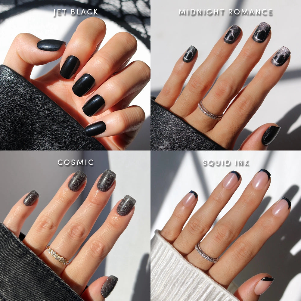 Four hands display a variety of nail art styles using glamnetic’s Dark Academia Squovals: matte black (Jet Black), black polish with marble patterns (Midnight Romance), glittery dark polish (Cosmic), and natural nails accented with black tips (Squid Ink). Each hand is adorned with minimal rings, letting the bold, modern look of these short squoval black press-on nails stand out. - Product image