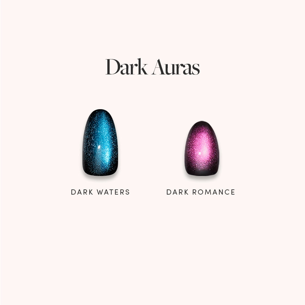 Two nail polish swatches labeled Dark Waters (blue-black with sparkles) and Dark Romance (magenta-black with sparkles) are showcased under the title Dark Auras on a light background, capturing the essence of the aura nail trend with their luxurious velvet finish.