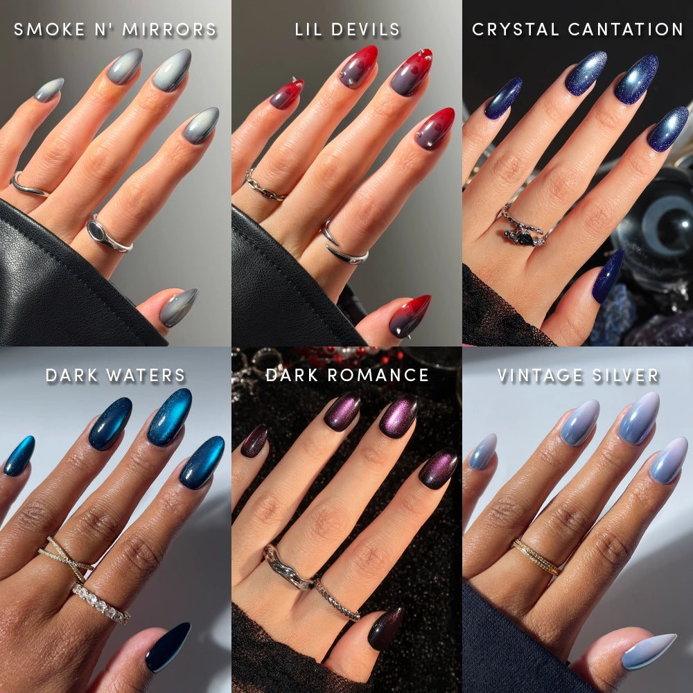 A six-panel collage showcases almond-shaped manicure designs labeled: Smoke N Mirrors (grey chrome), Lil Devils (red/black ombré), Crystal Cantation (blue glitter), Dark Waters (deep blue cat eye), Dark Romance (purple), and Vintage Silver—each an offering from glamnetic’s Dark Magic collection, delivering salon-quality durability and striking, long-lasting style.