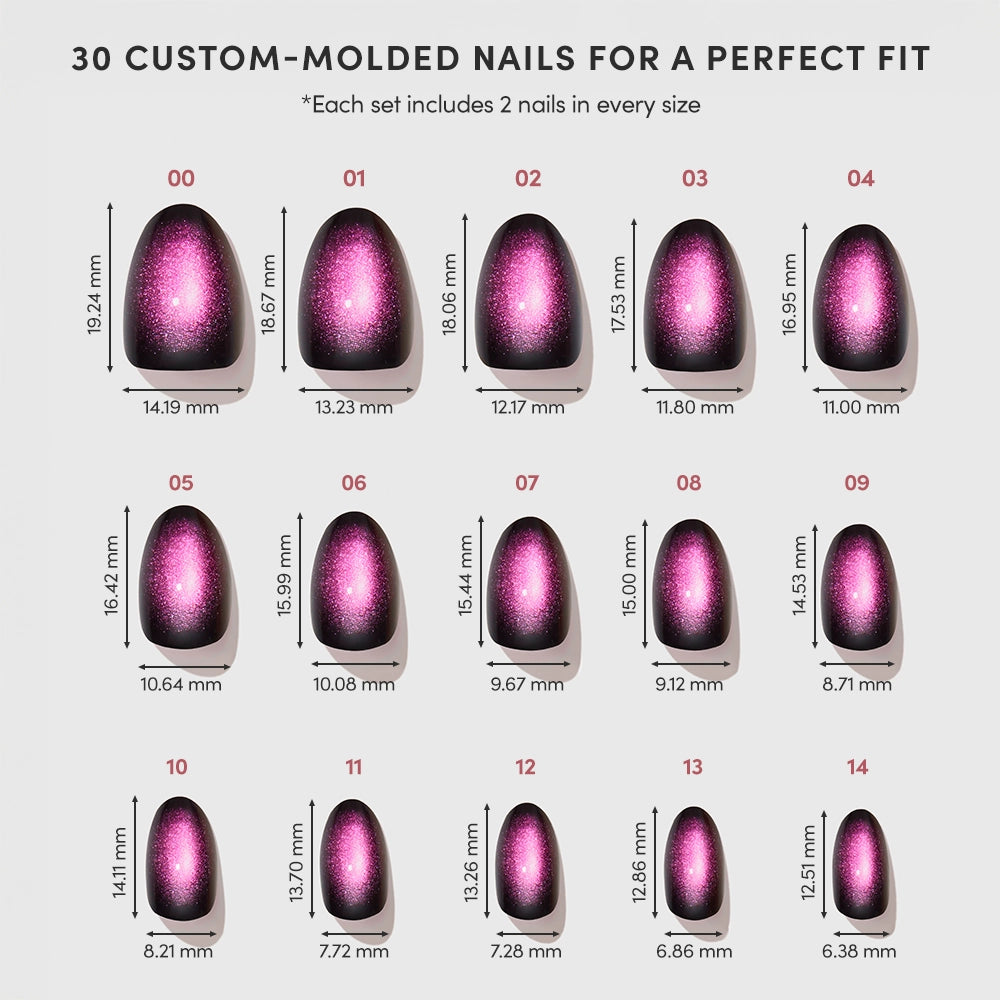 An infographic titled 30 Custom-Molded Nails for a Perfect Fit displays 15 sizes of press-on nails (numbered 00-14). Each purple cat-eye nail features a luxurious velvet finish, shown with precise length and width measurements in millimeters. Every set includes two of each size, perfect for short oval nails that offer both comfort and style. - Product image