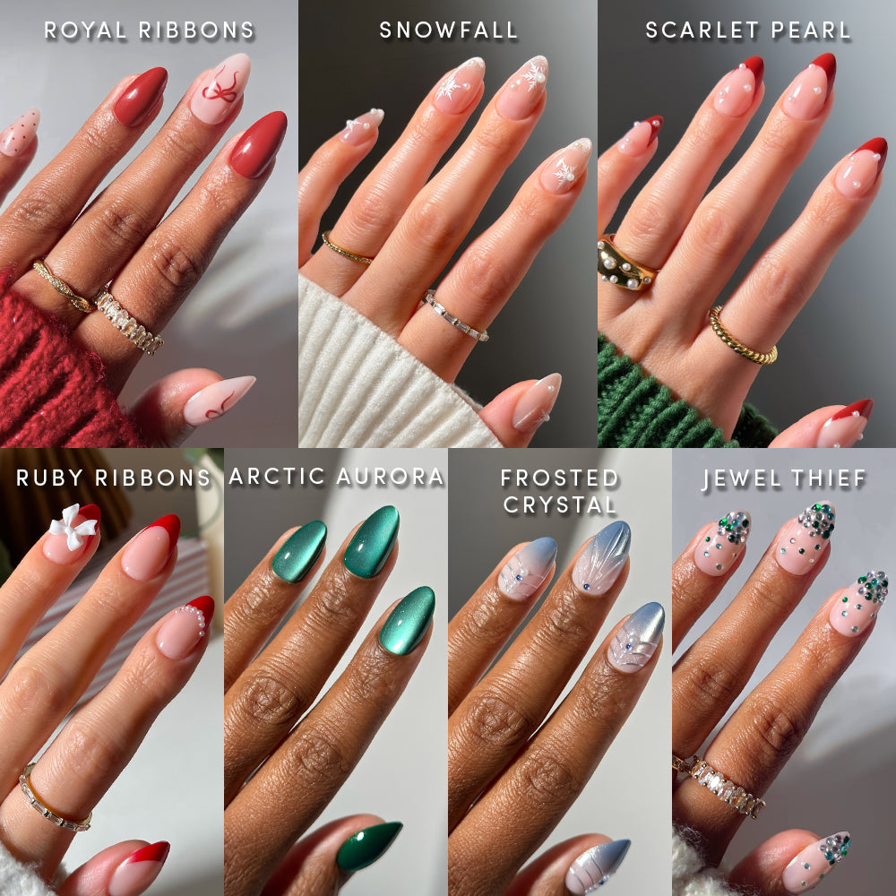 A grid of eight hands displaying various short almond press-on nails from the Glamnetic Decked Out Almonds holiday bundle, featuring styles like Royal Ribbons, Snowfall, Scarlet Pearl, Ruby Ribbons, Arctic Aurora, Frosted Crystal, and Jewel Thief.