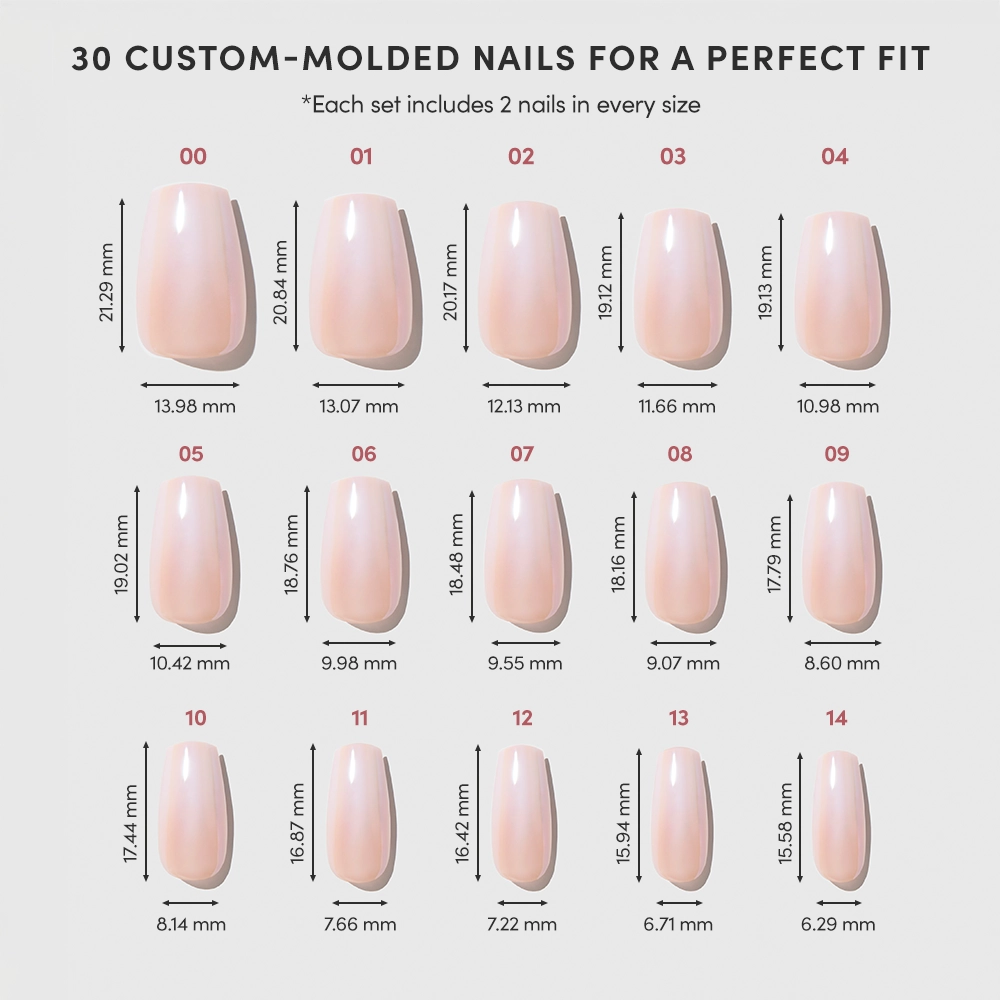 Chart displaying 15 sizes of glamnetic Delicate Touch custom-molded Press-On Nails, each numbered and listing precise width and length (mm) for a perfect fit, including popular options like Coffin Shape Nails. - Product image