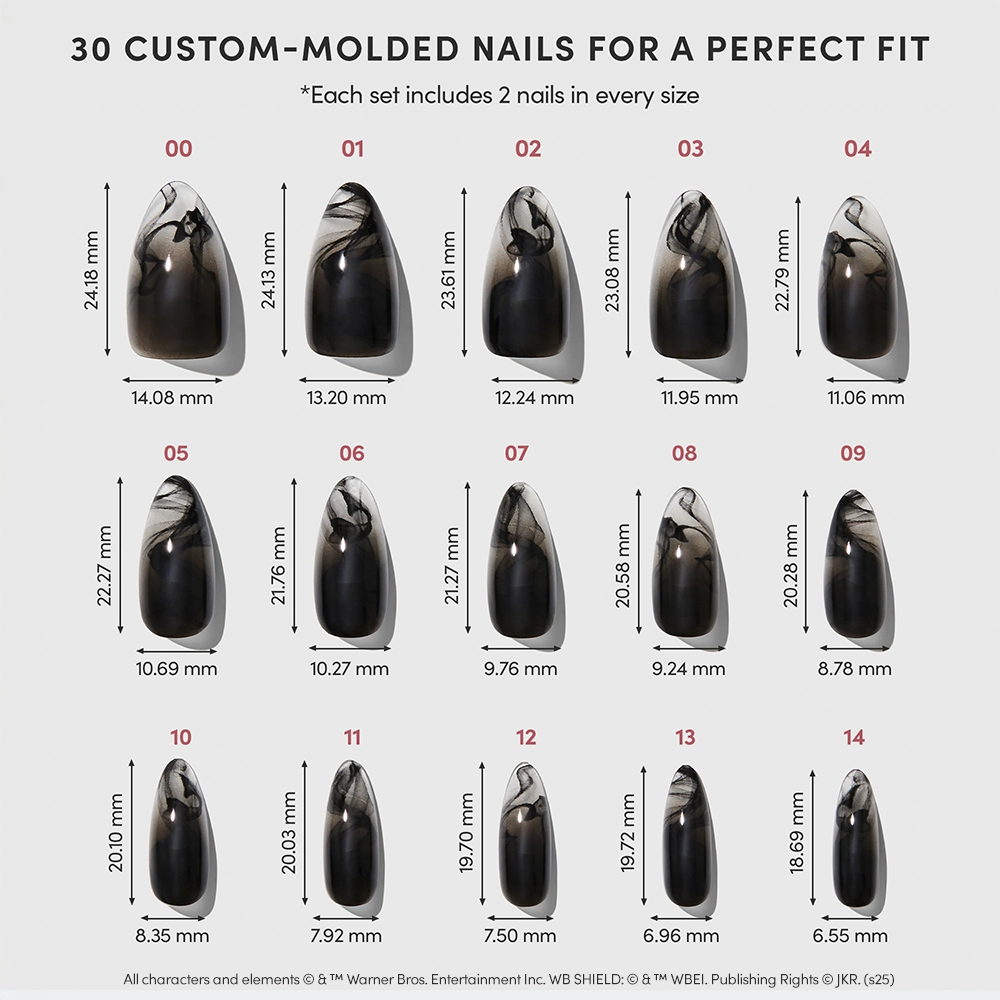 A display of 30 glamnetic Dementor™ custom-molded black-to-clear gradient nails in assorted sizes, each labeled with size and measurements. Header reads: 30 Custom-Molded Nails for a Perfect Fit—meet the Dementor™ Nail Set. - Product image