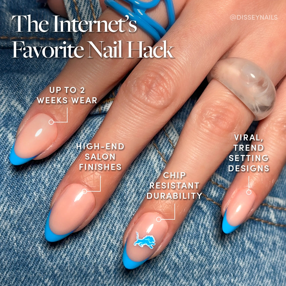 Show off your team spirit with the glamnetic Detroit Lions Press-On Nail Set—long almond nails with a nude base and bold blue French tips. Enjoy up to 2 weeks of chip-resistant, high-end, viral-worthy style perfect for football fans. - Product image