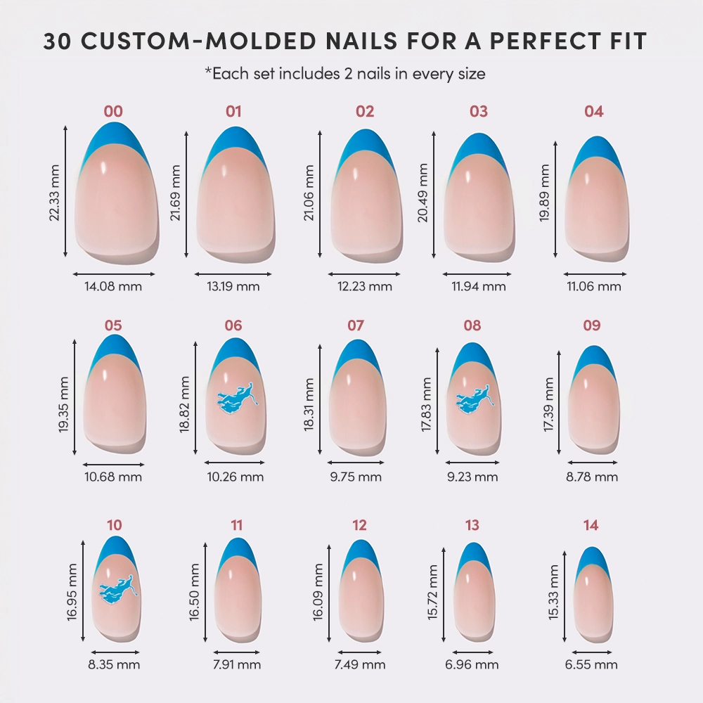 A chart displays 15 sizes of glamnetics Detroit Lions Press-On Nail Set, labeled 01–15. Each nail shows width and length in mm, with a blue tip and some featuring a small blue logo—ideal for any Lions fan. - Product image