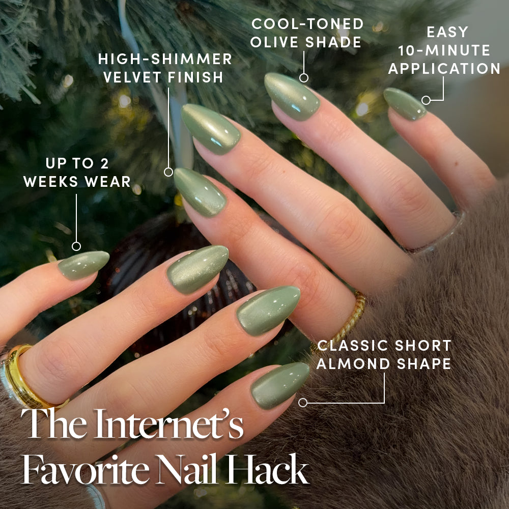 Glamnetic Dirty Martini press-on nails in a short almond shape with a shimmery olive green velvet finish. - Product image