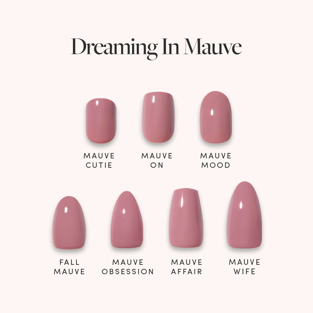 The Dreaming In Mauve Bundle by glamnetic features seven unique press-on nails in mauve shades: Mauve Cutie, Mauve On, Mauve Mood, Fall Mauve, Mauve Obsession, Mauve Affair, and Mauve Wife.